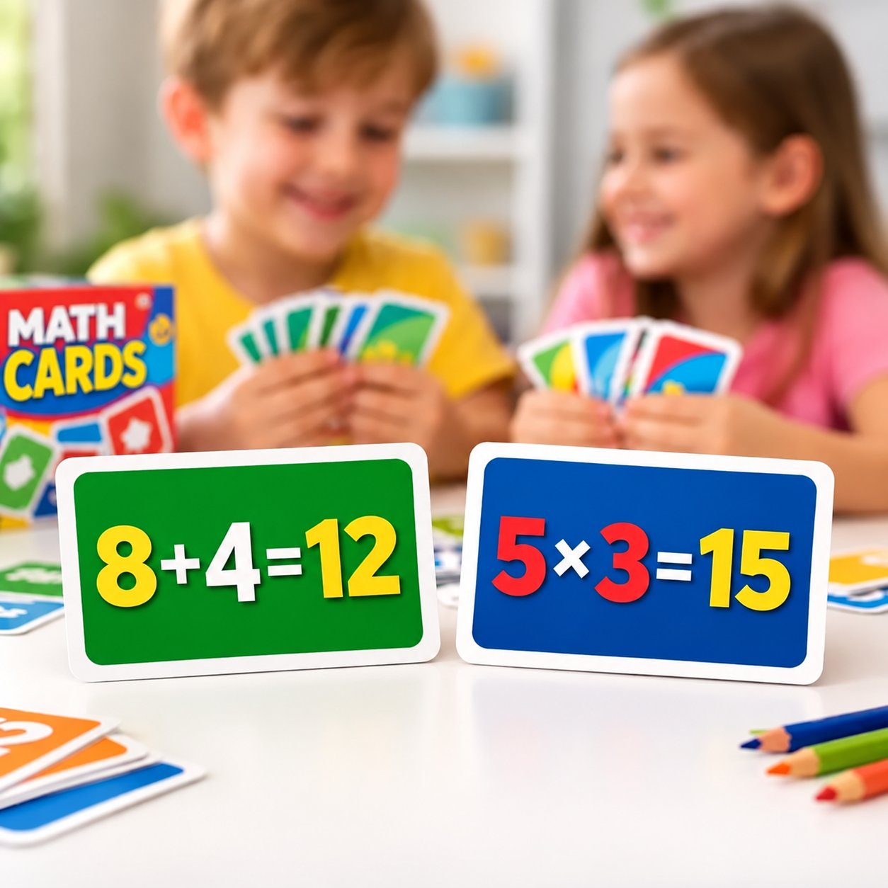 Kids smiling while playing with math cards